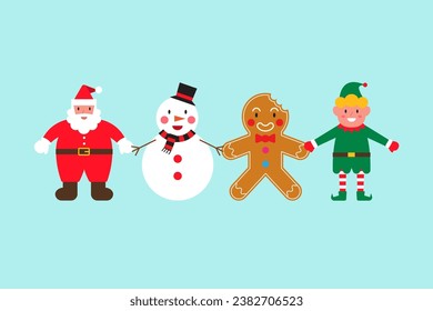 Cute Merry Christmas Cartoon Family, Christmas Cartoon Character Concept, Santa, Snowman, Gingerbread and Elf holding hand, flat vector illustration.