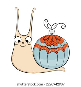 Cute Merry Christmas cartoon snail character. Vector illustration.