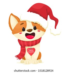 Cute and merry Christmas Corgi puppy in a red hat and with a heart medallion. Merry Christmas. Vector illustration in cartoon flat style.