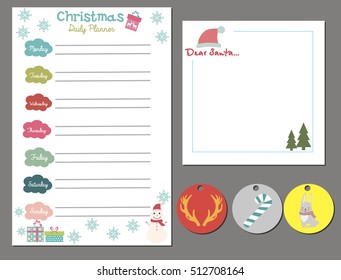 Cute Merry Christmas Daily Calendar and To Do List Template. Note Paper and Stickers Set with Vector Christmas Illustrations.
