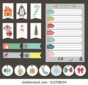 Cute Merry Christmas Daily Calendar and To Do List Template. Note Paper and Stickers Set with Vector Christmas Illustrations.