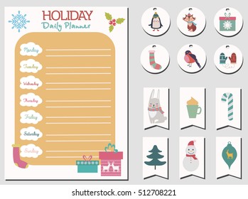 Cute Merry Christmas Daily Calendar and To Do List Template. Note Paper and Stickers Set with Vector Christmas Illustrations.