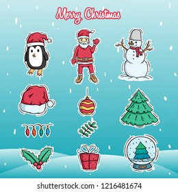 cute merry christmas decoration icons with colored doodle style on snow background