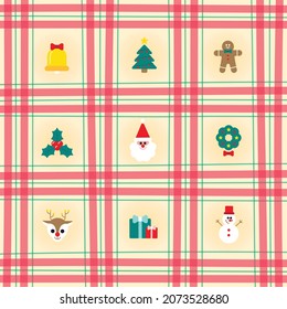 Cute Merry Christmas Element Snowman, Christmas tree, Reindeer, Wreath, Santa, Mistletoe Ivory Cream Beige Red Green Pastel Gingham Pattern Editable Stroke. Cartoon Illustration, Mat, Fabric, Textile.