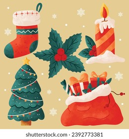 Cute Merry Christmas Element watercolor with christmas of sock, tree, leaf, candle and gift vector collection for holiday new year 2024