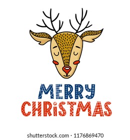 Cute Merry Christmas greeting card with deer, reindeer character and scandinavian style lettering, typo, vector illustration isolated on white background. Merry Christmas greeting card with deer