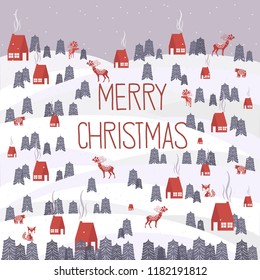 Cute Merry Christmas greeting card with winter landscape and elements in the Scandinavian style. Editable vector illustration