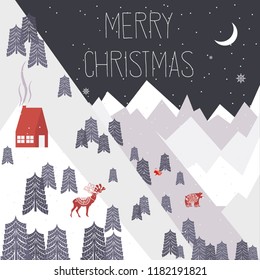 Cute Merry Christmas greeting card with winter landscape and elements in the Scandinavian style. Editable vector illustration