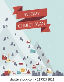 Cute Merry Christmas greeting card with winter landscape and houses in the Scandinavian style. Editable vector illustration