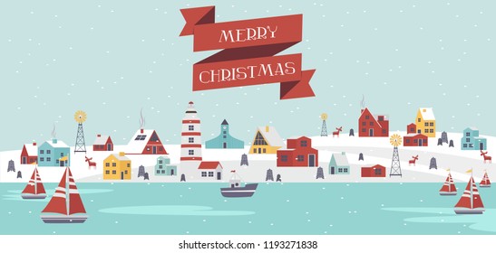 Cute Merry Christmas greeting card with winter landscape and houses in the Scandinavian style. Editable vector illustration