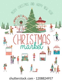 Cute Merry Christmas greeting card with winter landscape, Christmas market and active people. Editable vector illustration