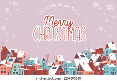 Cute Merry Christmas greeting card with winter landscape and houses in the Scandinavian style. Editable vector illustration