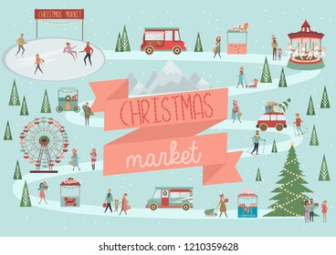 Cute Merry Christmas greeting card with winter landscape, Christmas market and houses in the Scandinavian style. Editable vector illustration