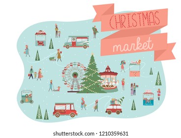 Cute Merry Christmas greeting card with winter landscape, Christmas market and houses in the Scandinavian style. Editable vector illustration