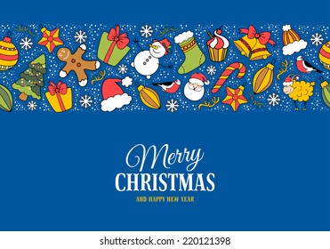 Cute Merry Christmas greeting card with holiday symbols