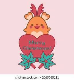 Cute Merry Christmas greeting, invitation, celebration, holiday card. Sweet background. Cheerful deer on heart decoration maple leaf, kawaii animal cartoon smile doodle vector illustration art design.