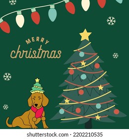 Cute Merry Christmas greeting with tree and dog