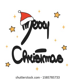 cute merry christmas hand drawn lettering with santa claus hat vector card illustration