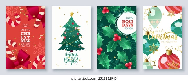 Cute Merry Christmas and Happy Holidays greeting card set with typography and hand drawn festive ornaments, snowflake, tree, holly. Vector illustration for digital media, and printed media