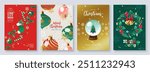 Cute Merry Christmas and Happy New Year greeting card set with typography and hand drawn festive ornaments, Christmas stocking, snow globe. Vector illustration for digital media, and printed media