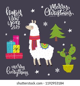 Cute Merry Christmas and Happy New Year print with Alpaca. Cartoon character Alpaca