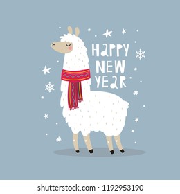 Cute Feliz Navidad y Feliz Año Nuevo impreso con Alpaca. Caricatura Alpaca