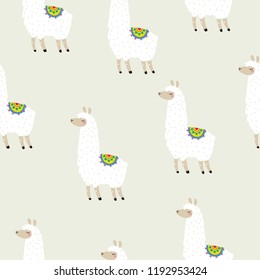 Cute Merry Christmas and Happy New Year print with Alpaca. Cartoon character Alpaca. Seamless pattern