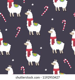 Cute Merry Christmas and Happy New Year print with Alpaca. Cartoon character Alpaca. Seamless pattern