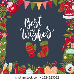 Cute Merry Christmas and Happy New Year greeting cards with text best wishes and sock mitt. Hand drawn holiday posters templates, postcard design. Cartoon Vector illustration 