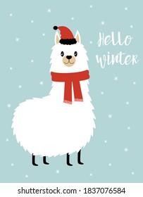cute merry christmas and happy new year print with llama, winter card with cartoon character alpaca, vector illustration
