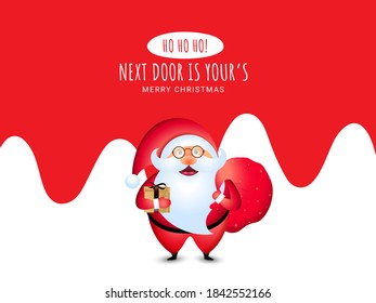 Cute Merry Christmas and Happy New Year concept with santa claus holding bag.