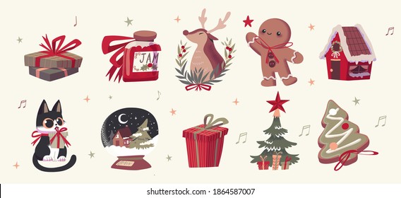 Cute Merry Christmas and Happy New Year Illustration sticker set. Festive Christmas characters and objects. Vector illustrations