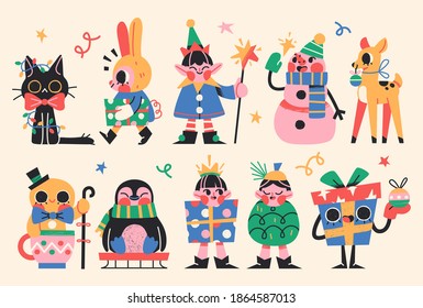 Cute Merry Christmas and Happy New Year' sticker Illustration set. Festive Christmas characters and objects. Vector illustration