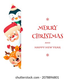Cute Merry Christmas and Happy New Year greeting card. Winter backdrop with a funny Santa Claus holding a big signboard on a white background. Vector illustration 10 EPS.