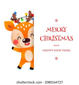 Cute Merry Christmas and Happy New Year greeting card. Winter holiday illustration of a funny little deer with christmas lights on its horns on a white background. Vector illustration 10 EPS.