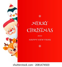 Cute Merry Christmas and Happy New Year greeting card with cartoon characters. Winter illustration of a funny Santa Claus, a penguin and a deer with a big red signboard on a white background. 