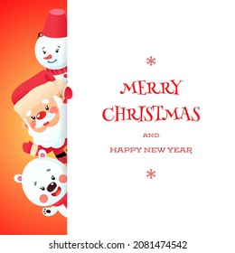 Cute Merry Christmas and Happy New Year greeting card with cartoon characters. Winter illustration of a funny Santa Claus, a snowman and a polar bear with a big white signboard on a red background. 