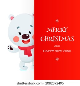 Cute Merry Christmas and Happy New Year greeting card. Winter holiday illustration of a funny little polar bear with a big red signboard on a white background. Vector 10 EPS.