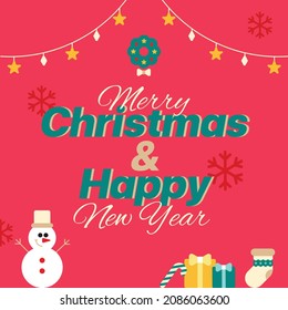 Cute Merry Christmas Happy New Year Snowman Candy cane Sock Gift Present Christmas Wreath Snowflake Star Decorative light Square Post Card Poster Promotion Banner Red Background