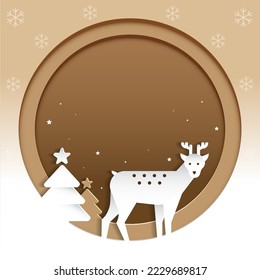 Cute Merry Christmas Happy New Year Paper Card Christmas Tree Rudolph Reindeer Star Decorative Square Post Card Poster Promotion Banner Gradient Brown Beige Background Copy Space Template Frame