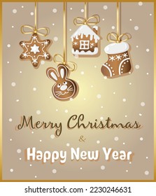 Cute merry christmas and happy new year card with traditional gingerbread cookies