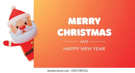 Cute Merry Christmas and Happy New Year greeting card. 3d winter holiday illustration of a funny Santa Claus holding a big signboard. Vector 10 EPS.