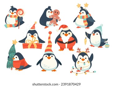 Cute Merry Christmas, Happy New Year penguins cartoon winter holiday character with different activities isolated set. Arctic bird with xmas gift, fir tree, baubles, sweets, wearing Santa Claus suit