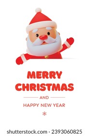 Cute Merry Christmas and Happy New Year greeting card. 3d winter holiday illustration of a funny Santa Claus holding a big signboard. Vector 10 EPS.