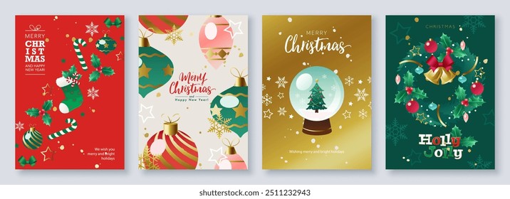 Cute Merry Christmas and Happy New Year greeting card set with typography and hand drawn festive ornaments, Christmas stocking, snow globe. Vector illustration for digital media, and printed media