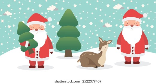 Cute Merry Christmas and happy new year greeting card with cute Santa Claus, deer and christmas tree. Holiday cartoon character in winter season.