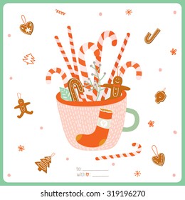 Cute Merry Christmas And Happy New Year card with Gingerbread Christmas Cookies in a Greeting Cup for Xmas Decoration. Merry and Bright Invitation Holidays Card for 2016