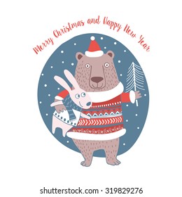 Cute Merry Christmas Happy New Year card with animals. Lovely cartoon background with holiday symbols. Blue color background.