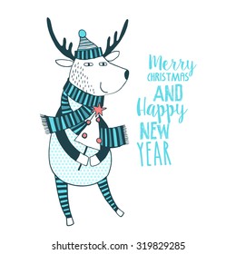 Cute Merry christmas and happy New Year card with deer. Lovely cartoon background with holiday symbols. Blue color background.