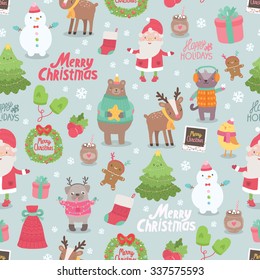 Cute Merry Christmas and Happy New Year seamless pattern - Santa Claus, bird, ginger cookie, snowman, deer, pug, cat, bear, tree, gift, mittens, sock. Adorable design illustrative elements